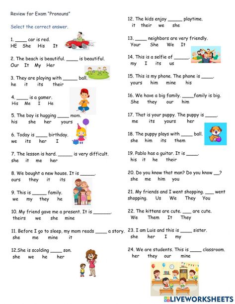 Subject pronouns, object pronouns, possessive pronouns and possessive adjectives online activity for 4-6. You can do the exercises online or download the worksheet as pdf. Possessive Pronouns Worksheet For Grade 3, Object Pronouns Worksheets For Kids, Subject Pronouns Worksheet For Kids, Subject Verb Object Worksheet, Subject Pronouns And Possessive Adjectives, Demonstrative Pronouns Worksheet, Subject And Object Pronouns Worksheets, Posessive Pronouns, Possessive Adjectives Worksheets