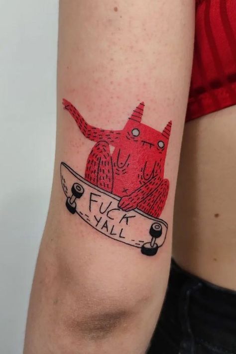 Cool Places For Tattoos, Illustrated Tattoo Style, Distorted Tattoo, Hot Tattoo Female, Skate Board Tattoo Ideas, Thing Tattoo, Skateboarding Tattoo Ideas, Simple Skateboard Tattoo, Gay Tattoo For Women