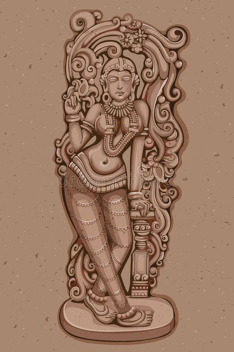 Vintage Statue of Indian female Sculpture. Vector design of Vintage statue of Indian female sculpture engraved on stone royalty free illustration Stone Illustration, Diwali Painting, God Drawing, Female Sculpture, Traditional Sculptures, Ancient Drawings, Vintage Statue, Rama Krishna, Buddha Art Drawing