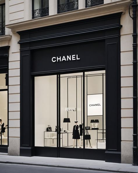 Salon Storefront Design, Black And White Store Fronts, Salon Exterior Ideas Store Fronts, Chanel Store Interior, Modern Store Exterior, Modern Boutique Interior, Luxury Retail Store, Classic Facade, Retail Facade