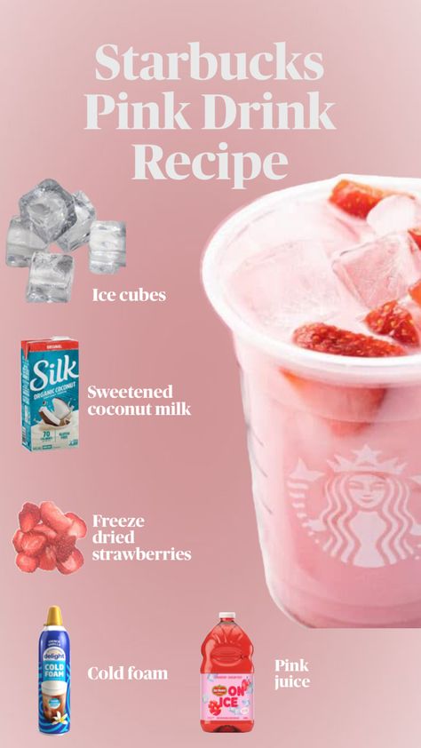 Starbucks drink recipe with ice, del monte strawberry juice on ice, sweetened coconut milk, and freeze dried strawberries, top off with cold foam. Delicious Starbucks drink at home. Starbucks Drinks Recipes Pink Drink, Starbucks Recipes Orders, Pinkdrink Starbucks Recipe, How To Make Starbucks Pink Drink, How To Make A Pink Drink From Starbucks, Starbucks Recipes Pink Drink, Pink Drink Starbucks Recipe, Drink Recipes Starbucks, Starbucks Copycat Recipes Drinks