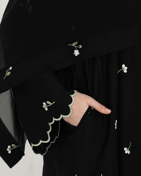 Introducing the highly sought-after Takisha Abaya, making a comeback tomorrow with exciting new colors: Beige and Sage! If you love floral and scallop trimmings on your abaya sleeves, Takisha Abaya is your ultimate pick! Stay tuned for Eden Elegant Collection Pre-Order coming to you tomorrow. Don’t miss it❤️ Cute Abaya Designs, Floral Abaya Designs, Abaya Sleeves Design, Abaya Sleeves, New Abaya Designs, Floral Abaya, Simple Abaya Designs, Burqa Designs, Elegant Abayas