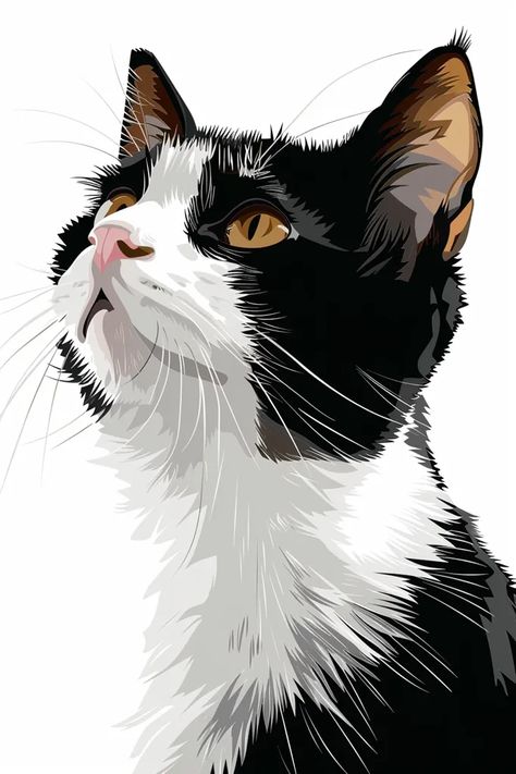 Midjourney AI Image: Portrait of a cat, illustration, vector art --ar 2:3 --v 6.0 → more in ai-img-gen.com Cat Cute Illustration, Tuxedo Cat Art, Contrast Art, Cat Expressions, Black White Cat, Cat Profile, Cat Art Illustration, Tuxedo Black, Black And White Cat