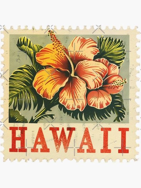 "Vintage Hawaii Postage Stamp with Tropical Hibiscus" Sticker for Sale by tiigerdad | Redbubble Hawaii Stickers Aesthetic, Hawaii Aesthetic Vintage, Tropicana Aesthetic, Tropical Postcard, Hibiscus Sticker, Tropical Stickers, Cute Stamps, Hawaii Aesthetic, Hawaii Flowers