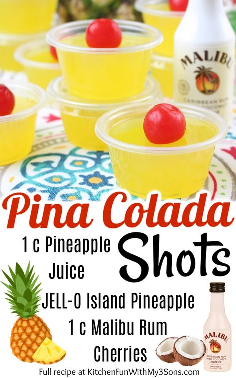 Pina Colada Jello Shots, Colada Drinks, Pina Colada Drinks, Jello Shot, Jello Shot Recipes, Mixed Drinks Alcohol, Yummy Alcoholic Drinks, Lake Food Ideas Summer, Food Ideas Summer