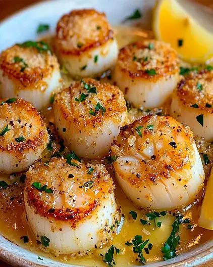 Garlic Butter Baked Scallops - Easy, Flavorful Recipe Broiled Scallops Recipe, Air Fryer Scallops, Lemon Butter Scallops, Broiled Scallops, Garlic Butter Scallops, Simple Garlic Butter, Butter Scallops, Fresh Scallops, Scallops Recipe