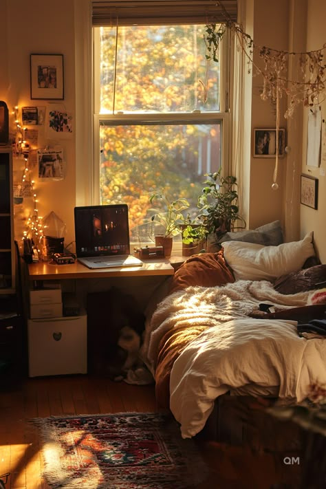 Cozy dorm room with a bed, aesthetic lighting, and plants by the window. Ideal for DIY decor on a budget and featuring a colorful dorm room rug. Aesthetic Bedroom Small Room, Bedroom Ideas Fall Colors, Small Bedroom Bathroom Layout, College Dorm Room Ideas Dark Academia, Cute Dorm Room Aesthetic, Cozy Cool Bedroom, Dorm Room Organization Aesthetic, Comfort Home Aesthetic, Dorm Room Color Ideas