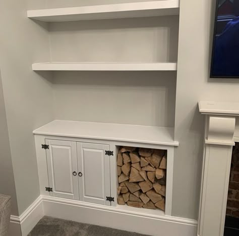 Lounge Alcove Shelving Ideas, Living Room With Log Storage, Alcove Wood Storage Ideas, Logs In Alcove, Log Burner Living Room Wood Storage, Alcove Cupboards With Log Store, Living Room Log Storage Ideas, Cupboards Next To Fireplace, Living Room Log Store