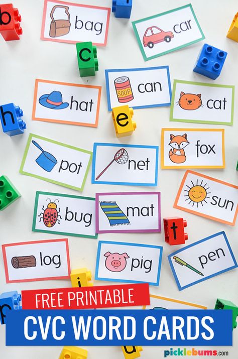 Build Words With Letter Lego Blocks and CVC Word Cards - Picklebums Word Cards For Preschool, Free Cvc Words, Cvc Speech Therapy Activities, Cvc Pictures Cards Free, At Family Words Activities, Family Words Activities For Kids, Cvc Words For Kindergarten, Teach Child To Read, Cvc Words Activities