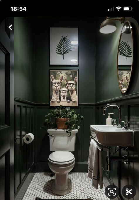 Small Dark Bathroom, Dark Green Bathrooms, Small Downstairs Toilet, Toilet Room Decor, Small Toilet Room, Dark Bathrooms, Mirrors Bathroom, Lights Bathroom, Downstairs Loo