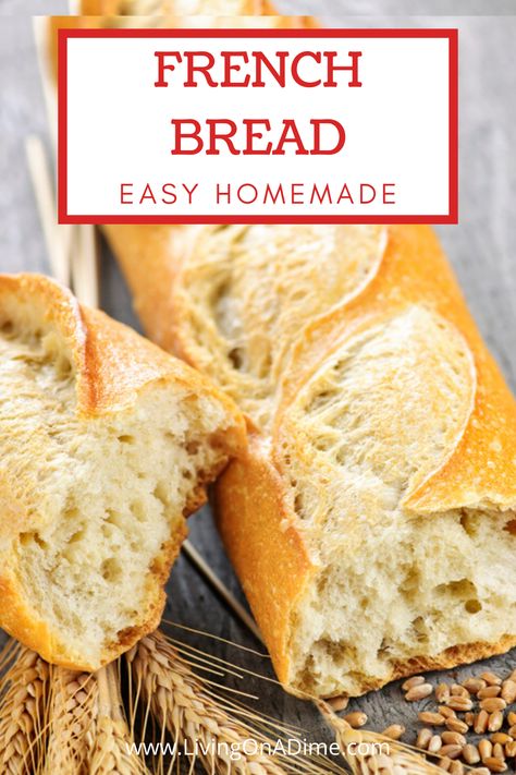 This easy homemade French bread recipe makes the BEST homemade French bread you will ever eat! It doesn’t take too long to make and your family will LOVE it! Once you eat homemade French bread, you will never go back to store bought! You can find this recipe in our Dining On A Dime Cookbook on page 72. #breadrecipes #frenchvreadrecipe #cookingtips #livingonadime Crunchy French Bread Recipe, Penn Station Bread Recipe, Homemade Bread For Soup, Stretch Bread Recipe, Baggett Bread Recipe, Fast Bread Recipe Easy, Things To Make With Yeast, Summer Breads, French Bread Recipe Homemade