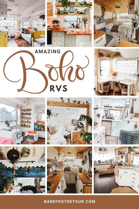 Beautiful Boho RV remodels to inspire your next renovation and make you swoon big time! Bohemian-inspired remodels of fifth wheels, motorhomes, vans and camper trailers. #bohocamper #bohorv #bohorenovation #bohoinspiration #bohovan #bohemianrv #bohemiancamper #bohemiantrailer Rv Redecorating Ideas, Motorhome Renovation Ideas, Rv Interior Remodel Rv Makeover, Colorful Camper Interior, Boho Camper Remodel, Boho Camper Van, Boho Rv, Camper Renovations, Boho Camper