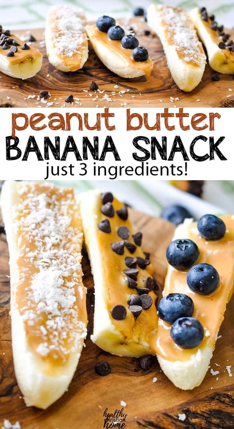 Need an easy banana snack recipe your kids will love? Try this delicious banana peanut butter snack! Sprinkle with your favorite toppings like coconut, blueberries, or dark chocolate chips. #banana #peanutbutter #easysnack #snackideas #healthysnack #snacksforkids Real Food Snacks, Banana Snacks, Banana Treats, Easy Snacks For Kids, Peanut Butter Snacks, Banana Peanut Butter, Easy Peanut Butter, Paleo Snacks, Healthy Snacks Easy