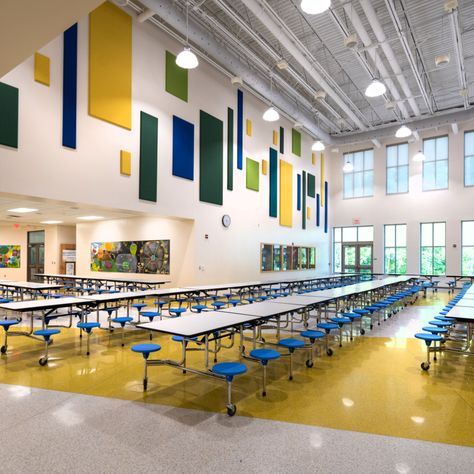 York Elemetary School Raleigh NC Photographer: Jim Sink Elementary Cafeteria, Wall Graphics Design, High School Vibes, Bloxburg School, Canteen Design, Acoustical Panels, House And Wilson, Cafeteria Design, Bloxburg City