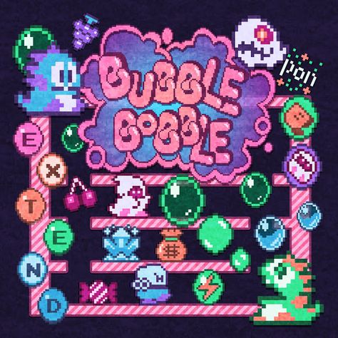 Re-Edits > Bobble Bubble #gaming Video Game Art Styles, Retro Game Aesthetic, 8bit Game, Retro Games Wallpaper, Retro Games Poster, Video Game Poster, Bubble Bobble, Coin Games, Bubble Games