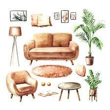 Furniture Watercolor, Plants Table, Table Sketch, Living Room With Sofa, Room With Sofa, Painted Sofa, Interior Design Portfolio Layout, Interior Design Sketchbook, Drawing Furniture