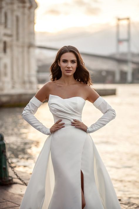 boho bride long sleeve satin a line ivory wedding dress gloves detachable skirt beach summer bohemian modern formal off white bridal train Strapless Satin Wedding Dress With Gloves, Bride Gloves Long, Wedding Dress Gloves Long, White Dress With Gloves, Wedding Dress With Gloves, Gloves Wedding Dress, Wedding Dress Gloves, Wedding Dress Detachable Skirt, Bridal Train