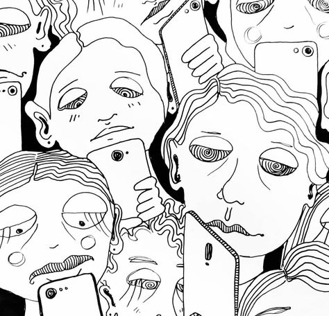 Black and white digital illustration of people addicted to their phones, a social media society Social Media Dangers, Digital Poster Ideas, Disadvantages Of Social Media, Social Media Negative, Social Media Illustration, Phone Illustration, Idea Generation, Satirical Illustrations, Social Media Impact