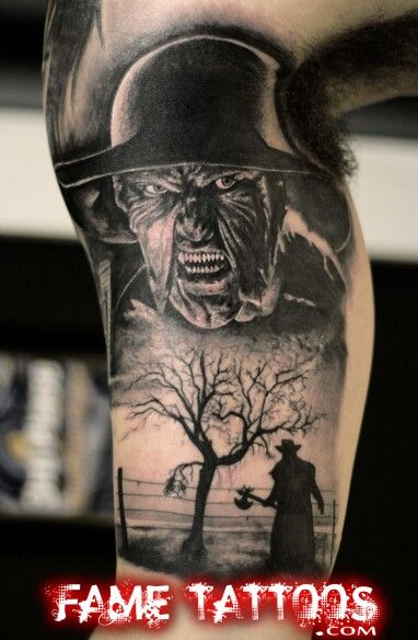 Jeepers creepers tattoo Horror Sleeve Tattoo Ideas, Keepers Creepers Tattoo, Insidious Tattoo, Jeepers Creepers Tattoo Design, Django Tattoo, Jeeper Creeper Tattoo, Jeepers Creepers Tattoo, Leatherface Tattoo, Slasher Tattoo