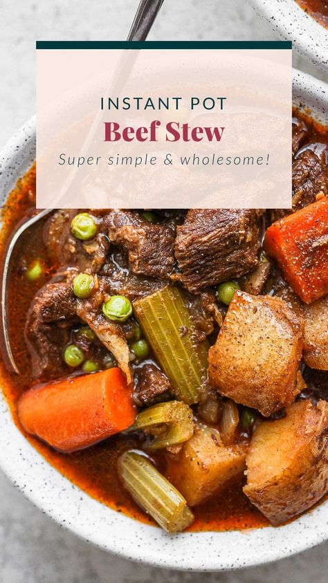 This Instant Pot Beef Stew is everything slow roasted stew is, but without the long cook time! Fall apart beef and tons of veggies, plus its ready to eat in under an hour. Beef Stew Pressure Cooker Recipes, Pressure Cooker Beef Stew, Instant Pot Beef Stew Recipe, Pressure Cooker Beef, Instant Pot Beef Stew, Carrots Celery, Pot Beef Stew, Potatoes Carrots, Potted Beef