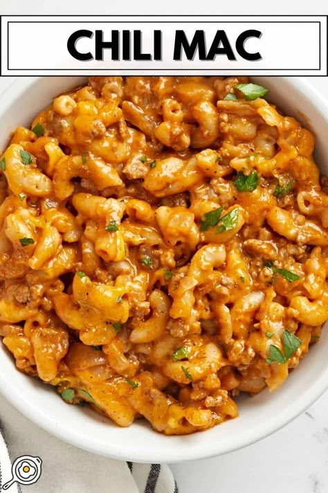 This super filling comfort food classic, One Pot Chili Mac, is like the hamburger helper of your childhood but all grown up and 100% from scratch!rn Grown Beef Recipes, Chile Mac, One Pot Chili Mac, Budget Bytes Recipes, One Pot Chili, Budget Bites, Healthy Hamburger, Chili Mac And Cheese, Budget Bytes