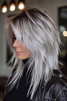 Haircut Before And After Medium, Sassy Hairstyles Long Hair, Grey Hair With White Money Piece, Dark To Gray Hair Transition, Dark With Platinum Highlights, Gray Biolage Hair, Edgy Over 40 Hairstyles, Going From Brown To Grey Hair, Platinum Blonde Straight Hair