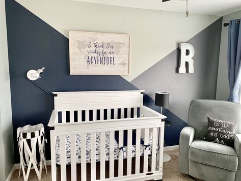 Rocco’s Grey and navy blue nursery. #monochromatic #halenavybybenjaminmoore #blackandwhite #simplenursery Kashton Nursery, Nursery With Navy Accents, Nursery Navy Accent Wall, Grey White And Blue Nursery, Navy Themed Nursery, Navy Grey Nursery, Grey And Blue Nursery Ideas, Navy Blue And White Nursery, Navy And Gray Nursery