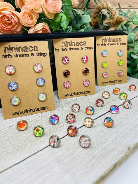 Floral Print Earrings Floral Studs Set of 3 Choose Your - Etsy | Glass cabochon jewelry, Floral studs, Polymer clay flower jewelry Flower Jewelry Diy, Glass Cabochon Jewelry, Pop Jewelry, Flowers Lavender, Polymer Clay Flower Jewelry, Cabochon Earrings, Floral Studs, Planner Charms, Polymer Clay Flowers