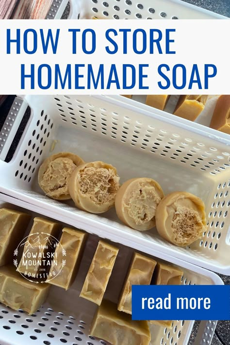 bars of homemade soap in baskets Soap Curing Rack Ideas, Soap Making Storage Ideas, How To Store Homemade Soap, Storing Homemade Soap, Soap Making Storage, Soap Storage, Soap Samples, Homemade Items, How To Package Soap