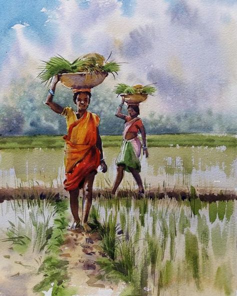 Farmer Painting, Village Scene Drawing, Memory Drawing, Paintings Nature, Watercolor Scenery, Composition Painting, Figure Sketches, Watercolor Portrait Painting, Human Figure Sketches