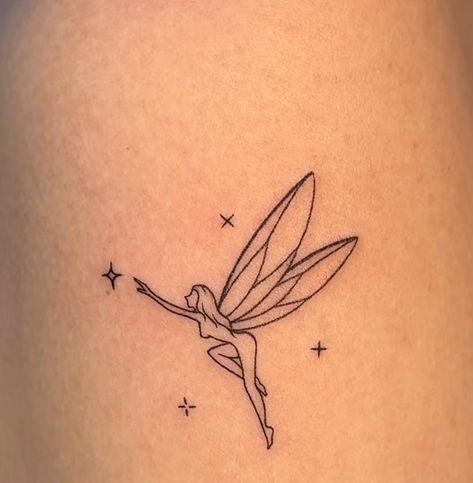 Small Symbolic Tattoos With Meaning, Fairy Behind Ear Tattoo, Well Be A Fine Line Tattoo, Fine Line Simple Tattoo, Small Fairy Tattoos Simple, Minimal Fairy Tattoo, Fairy Tattoo Simple, Fairy Moon Tattoo, Dainty Angel Tattoo