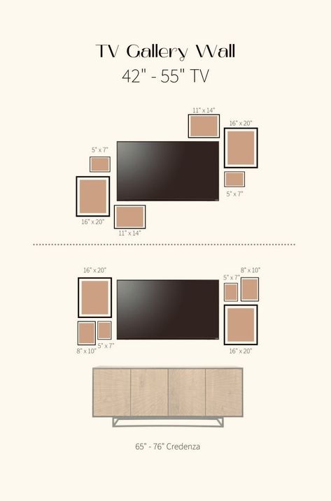 Photos On Tv Wall, Scandi Tv Wall Design, Tv Frame Wall Design, Entryway Tv Wall, Photo Frames Around Tv, Frame Arrangement On Wall Living Rooms, Decorating Around 65 Inch Tv, Top Of Tv Wall Decor, 82 Inch Tv In Living Room