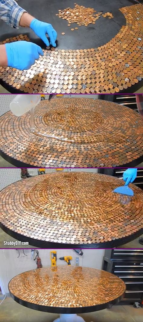 DIY Penny Table Top Project Tutorial Video - Glaze Coated   #Furniture, #Makeover Diy Table Top Ideas, Penny Table Top, Penny Table Tops, Penny Table, Table Top Ideas, Penny Floor, Vintage Upcycling, Resin Table Top, Diy Table Top