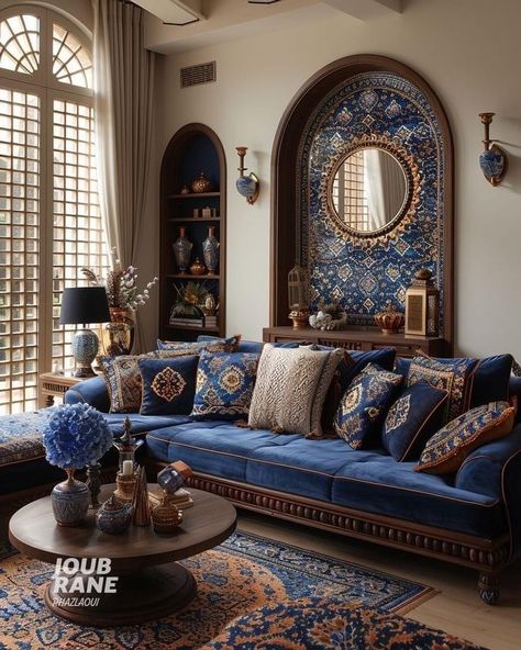 Moroccan Apartment Decor, Moroccan Living Room Modern, Moroccan Living Room Ideas, Royal Interior Design, Arab Decor, Moroccan Inspired Living Room, Blue Accents Living Room, Persian Home Decor, Blue And Gold Living Room