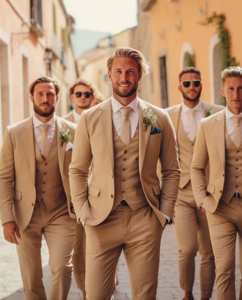 Tan Tuxedo Wedding, Khaki Groom, Khaki Groomsmen, Tan Groomsmen Suits, Tan Outfits, Tan Groomsmen, Tan Suit Wedding, Brown Groomsmen, Tan Suits