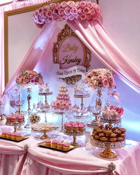 Sweets Table Quinceanera, Quince Treats Table, Quinceanera Sweet Table Ideas, Princess Quinceanera Theme Decorations, Quinceañera Dessert Table, Sweet 16 Sleeping Beauty Theme, Pink And Blue Sweet 16 Themes, Sleeping Beauty Quinceanera Theme Centerpiece Ideas, Mcbling Quince