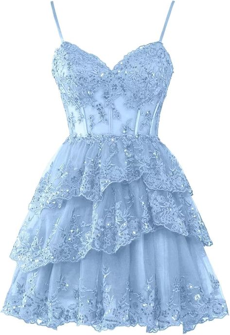 Amazon.com: Hanshi E-commerce Lavender Homecoming Dresses Short 2024 Glitter Lace Applique Tulle A-line Sleeveless Tiered Spaghetti Strap Open Back V-Neck Formal Mini Homecoming Dress for Teens US2 : Clothing, Shoes & Jewelry Light Blue Grad Dresses Short, Short Dresses Sparkly, Promotion Dresses 8th Grade Graduation, Prom Dresses Ideas Short, Light Blue Dresses Short, Teen Dresses Formal, Light Blue Dress Formal Short, Light Purple Dress Formal, Cute Winter Formal Dresses