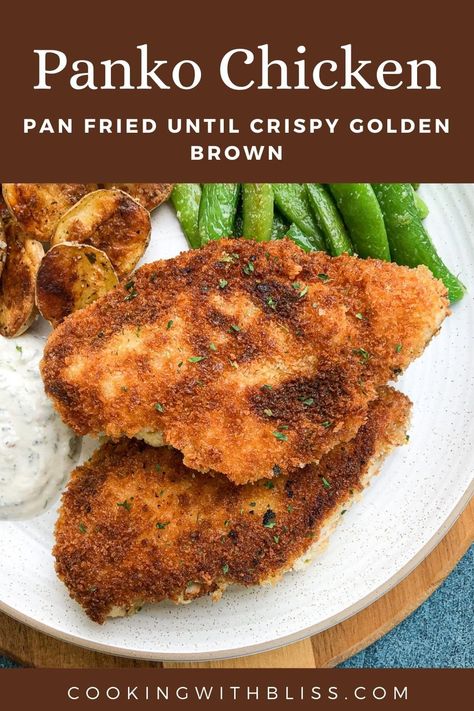 Easy crispy golden brown panko chicken breast pan fried until crispy golden brown. It's so easy and makes a great weeknight dinner. | cookingwithbliss.com Pan Fried Crispy Chicken, Pan Fried Panko Chicken, Pan Fry Chicken Breast, Fried Panko Chicken, Easy Panko Chicken, Panko Chicken Breast, Pan Fried Breaded Chicken, Fried Chicken Boneless, Chicken Pan Fried