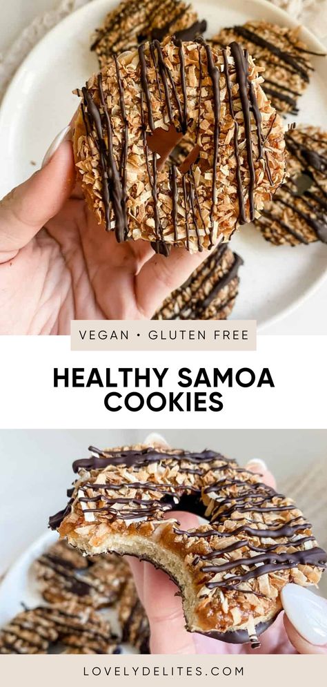 Healthy Samoa Cookies are an easy and delicious recipe to make all year round. These girl scout copycat cookies taste just like the real thing, except the only difference is they are completely vegan, gluten-free and made with whole-food ingredients like almond flour, maple syrup, dates, coconut and dark chocolate. Paleo Girl Scout Cookies, Healthy Girl Scout Cookies, Gluten Free Dairy Free Snack Recipes, Low Histamine Snacks Gluten Free, Date Samoas, Healthy Samoa Cookies, Gluten Dairy Free Cookies, Samoa Cookies Healthy, Date Cookies Recipes