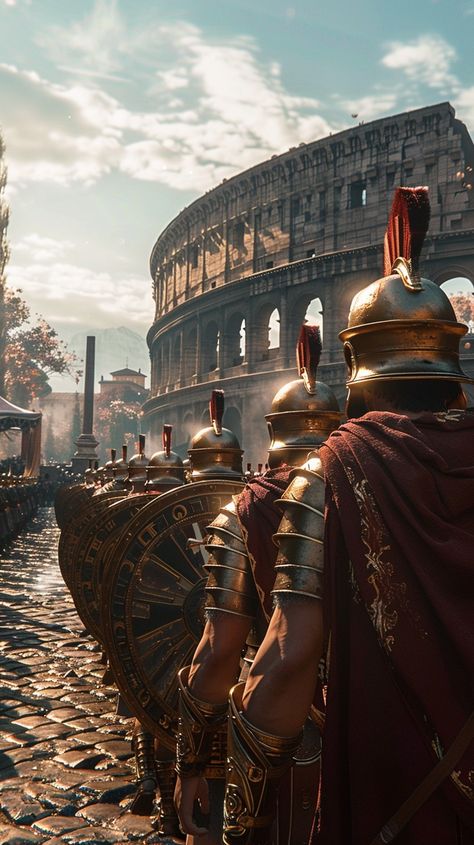 Roman Soldiers Marching: Roman soldiers in traditional armor march toward the Colosseum under a clear blue sky. #roman #soldiers #colosseum #armor #march #aiart #aiphoto #stockcake ⬇️ Download and 📝 Prompt 👉 https://stockcake.com/i/roman-soldiers-marching_640832_808494 Roman Empire Wallpaper, Roman Empire Aesthetic, Ancient Carthage, Empire Wallpaper, Roman Colosseum, Greece Mythology, Medieval Artwork, Roman Warriors, Roman Soldier