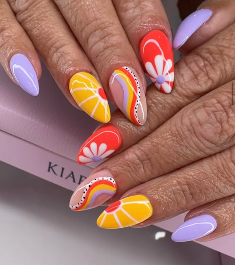 Happy Nail Ideas, Bright Pattern Nails, Each Hand Different Color Nails, Summer Retro Nails, Fun August Nails, Big Flower Nails, Simple Summer Nail Designs 2024, Fun Almond Nail Designs, Orange Nail Ideas Summer