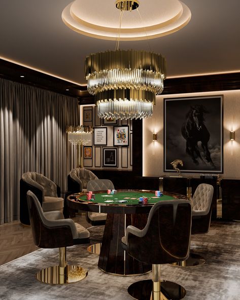 Upgrade your game nights with the Darian Poker Table—a perfect blend of durability and elegance. Its timeless rounded design, crafted from fine wood and polished brass, makes it the ideal centerpiece for any entertainment space. Host your next poker night in style with this sophisticated table. Download the 'Master the Game of Luxury' ebook to discover how to elevate your entertainment spaces. Link in bio! #luxurygaming #pokerroom #entertainmentfurniture #luxxulifestyle #gameon #modernluxur... Luxury Game Room, Casino Room, Whiskey Lounge, Gaming Environment, Luxxu Modern Design Living, Poker Room, Poker Night, 2024 Design, Entertainment Furniture