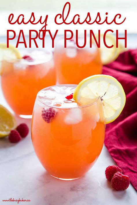 This Easy Party Punch Recipe is a super quick and easy drink recipe that's great for entertaining, holidays, or any celebration! It's kid-friendly, packed with fruit flavour, and made with only 4 ingredients! Recipe from thebusybaker.ca! #party #punch #holiday #fruit #cranberry #lemon #lime #easter #christmas #birthday Punch For Kids Party, Easy Punch Recipes Non Alcoholic, Sangria Punch Recipes, Spring Punch Recipes, Easter Punch Recipes, Punch Recipes Non Alcoholic, Birthday Punch, Homemade Punch, Spring Punch