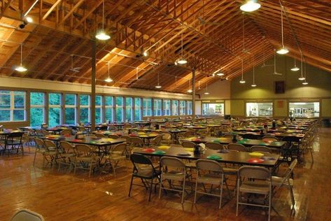 Summer Camp Mess Hall, Summer Camp Dining Hall, Camp Dining Hall, Commune Ideas, Slasher Summer, Summer Camp Aesthetic, Christian Retreat, Thesis Ideas, Mess Hall