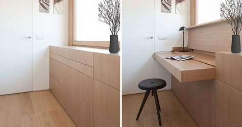 YLAB Arquitectos have hidden a desk in plain sight when they designed a small and modern apartment. The custom-made furniture piece has a hinged top, that when opened, can be used as a desk, and when more space is needed, a section of the cabinetry can be pulled out. #Desk #HiddenDesk #BuiltInDesk #InteriorDesign Hidden Pull Out Desk, Pull Out Desk Built Ins, Hidden Built In Desk, Smart Desk Ideas, Hidden Office Space, Pull Down Desk, Integrated Desk, Hidden Desk, Furniture Desk