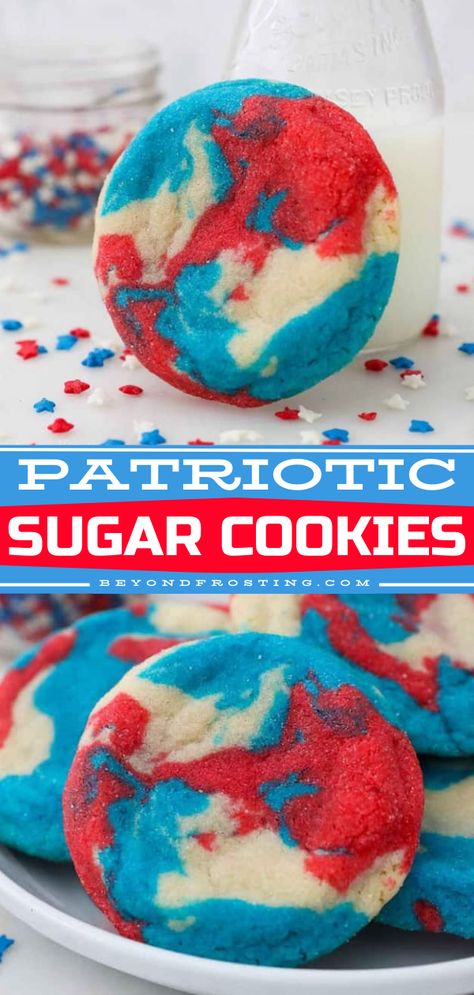 Easy Patriotic Sugar Cookies! They're the perfect 4th of July recipe. Not only are these tye dye cookies soft and chewy, but they also have a red, white, and blue theme. Such a fun and festive 4th of July dessert! Easy July 4th Desserts, Patriotic Sugar Cookies, Beyond Frosting, 4th Of July Cookies, Patriotic Cookies, 4th Of July Dessert, Patriotic Food, July Desserts, Frozen Cookie Dough