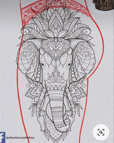 India Elephant Tattoo, Elephant Tattoos With Flowers Stencil, Tattoo Ideas Female Leg Sleeve Mandala, Elephant Mandala Tattoo, Blackwork Sleeve, Mandala Tattoo Sleeve Women, Mandala Hip Tattoo, Coast Tattoo, Elephant Thigh Tattoo