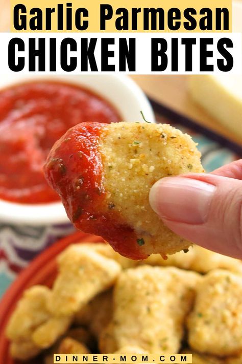 Kids and adults love healthy Garlic Parmesan Chicken Bites cooked in an air fryer or oven. Easy homemade recipe for chicken nuggets that are lightly breaded. These bites are mostly chicken with a crispy, cheesy coating. So they're low-carb. You can serve them as boneless chicken wings at parties too. The whole family will enjoy these for dinner and they're ready in under 30 minutes using simple ingredients you probably have on hand. Healthy Garlic Parmesan Chicken, Chicken Bites Oven, Garlic Parmesan Chicken Bites, Parmesan Chicken Bites, Ground Chicken Meatloaf, Last Minute Meals, Chicken Parmesean, Baked Lemon Pepper Chicken, Boneless Chicken Wings