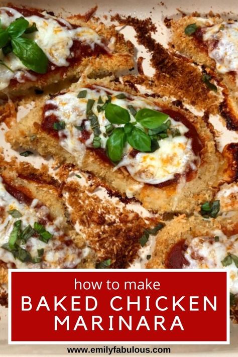 Chicken Marcella Recipes, Chicken Marcella, Baked Chicken Marinara, Baked Breaded Chicken, Chicken Marinara, Baked Chicken Breast, Italian Kitchen, Easy Weeknight, Marinara Sauce