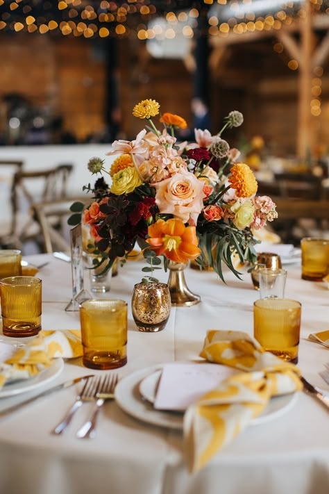 Rustic Chic Wedding With Fall Hued Florals - Inspired By This Fall Table Garland Ideas, Romantic Fall Wedding Table Decor, Fall Modern Wedding, Fall Wedding Bud Vases, Flower Aisle Decor, Wedding Decor Terracotta, Wedding Flower Aisle, Fall Wedding Flower Arrangements, Fall Wedding Floral Arrangements